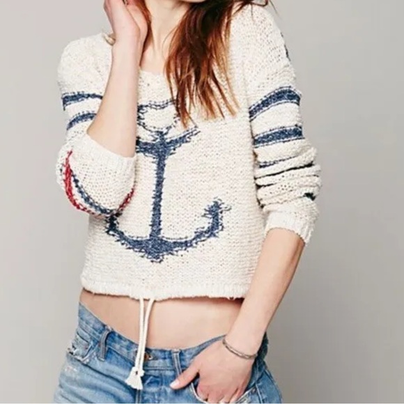 Free People Sweaters - Free People Cream Nautical Anchor Sailor Song Pullover Knit Sweater Size M